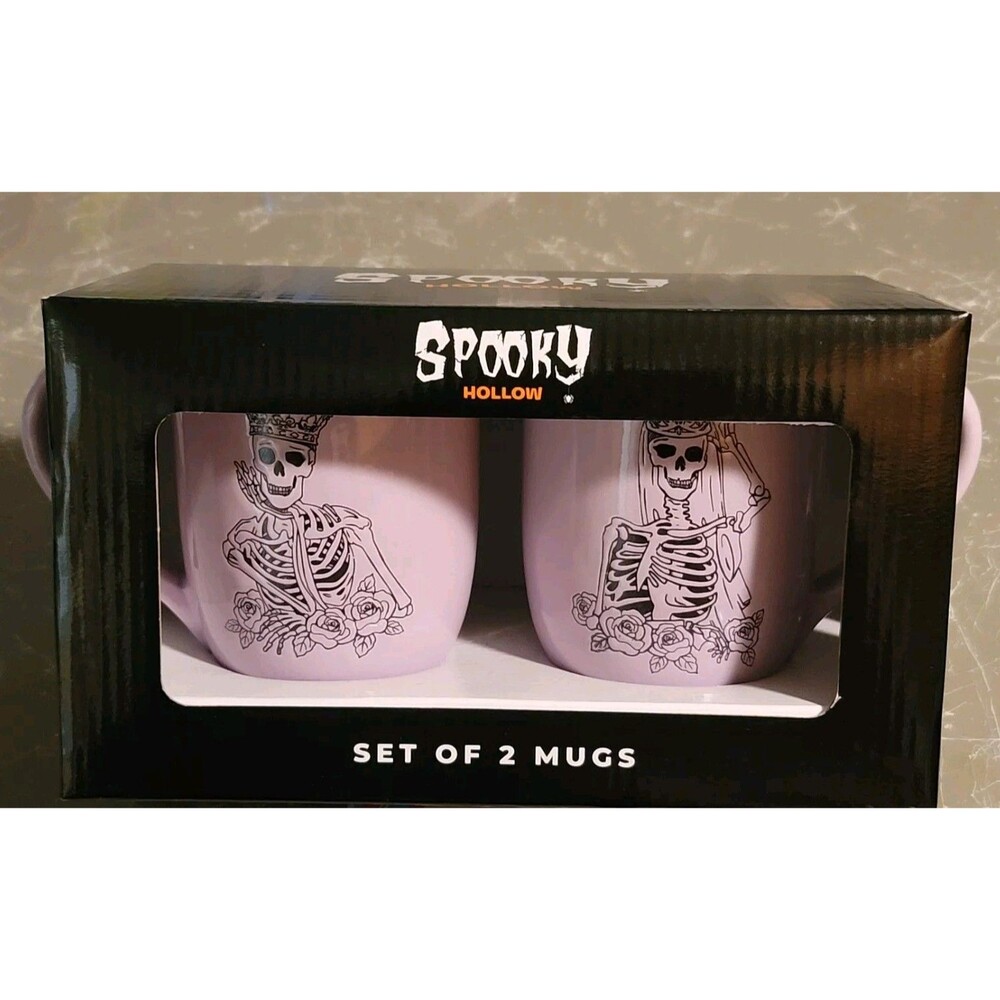 SPOOKY HOLLOW Halloween Bride & Groom Skeletons 2 Mug Set,16.5oz.